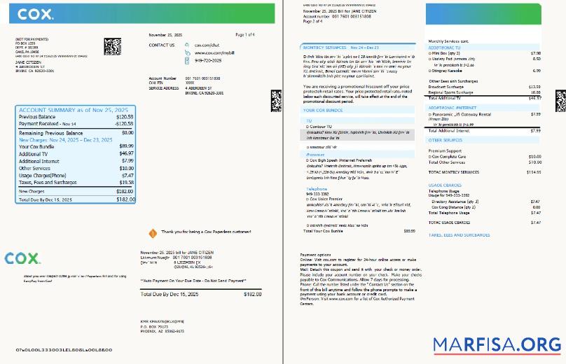 Printable USA Cox utility bill template in Word and PDF formats, 4 pages, 1 2 pages